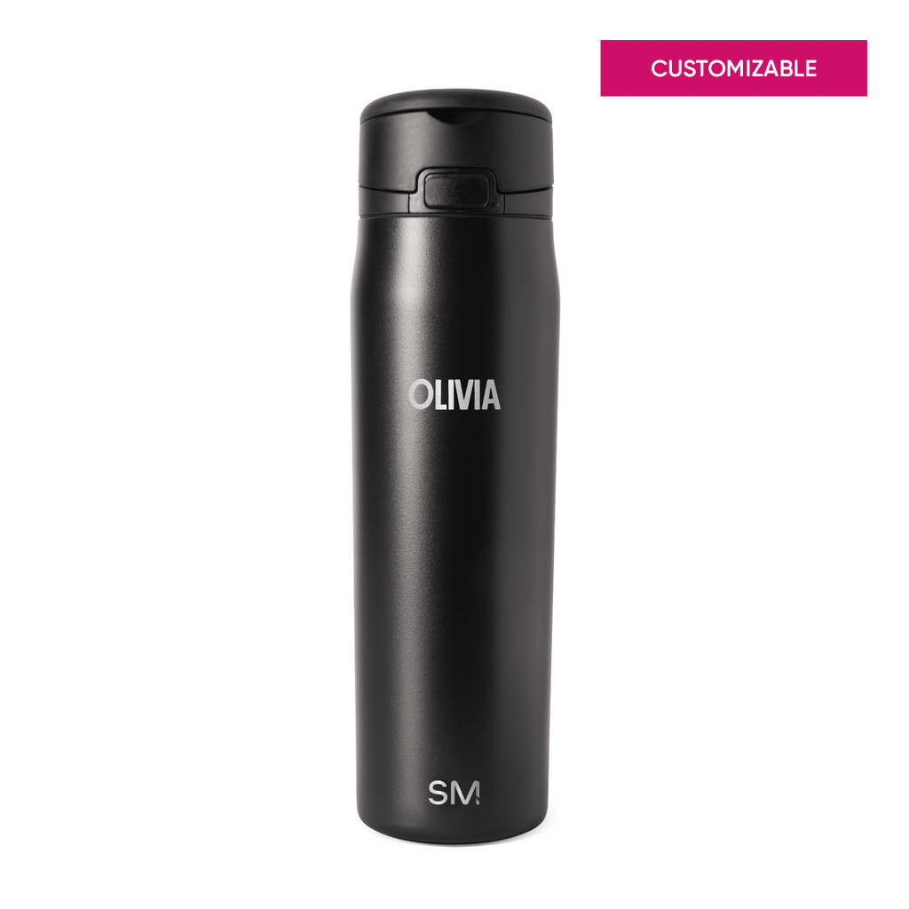 Matte black drinkware customizer with white SM logo and text, featuring vibrant magenta accent details